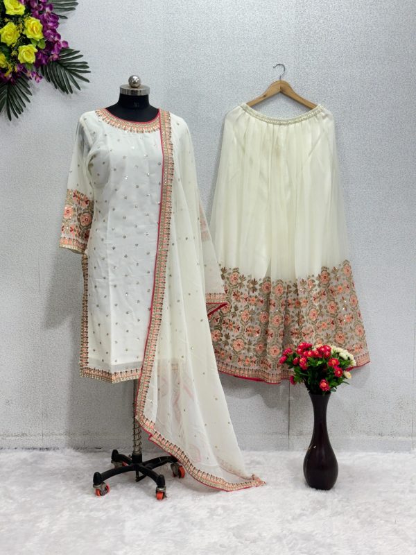 Perfect White Color Georgette Embroidered Sequences Salwar Suit
