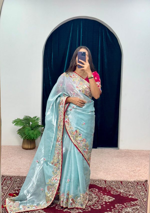 Pretty Blue Color Jimmy Choo Embroidery Sequins Saree