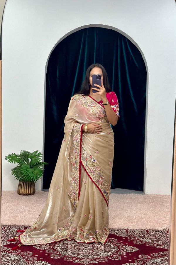 Pretty Golden Color Jimmy Choo Embroidery Sequins Saree