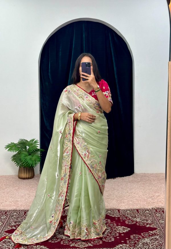 Pretty Green Color Jimmy Choo Embroidery Sequins Saree