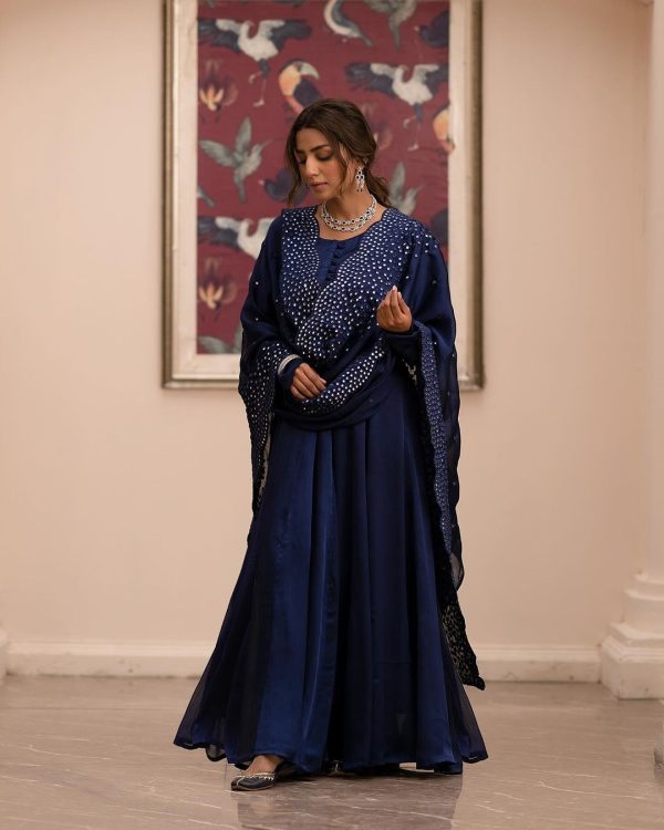 Pretty Navy Blue Color Georgette Embroidery Sequence Gown