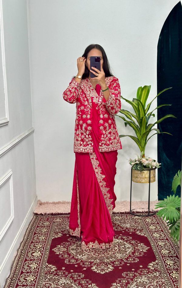Pretty Pink Color Chinon Embroidery Work Koti And Saree
