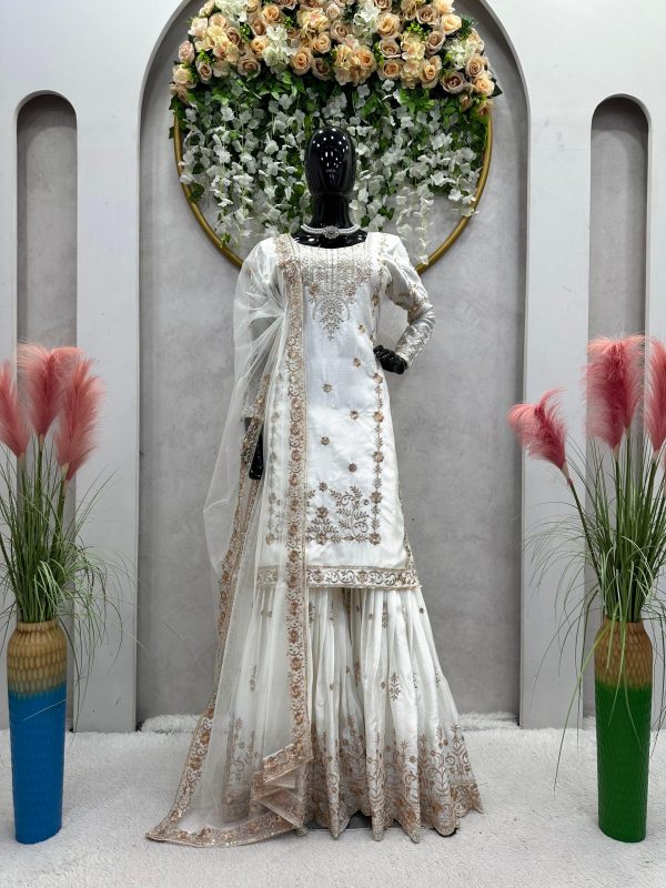 Pretty White Color Chinon Silk Thread Sequence Work Salwar Suit