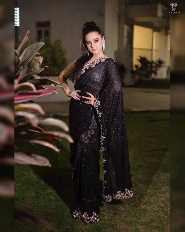 Sightly Black Color Georgette Cotton Thread Embroidery Saree