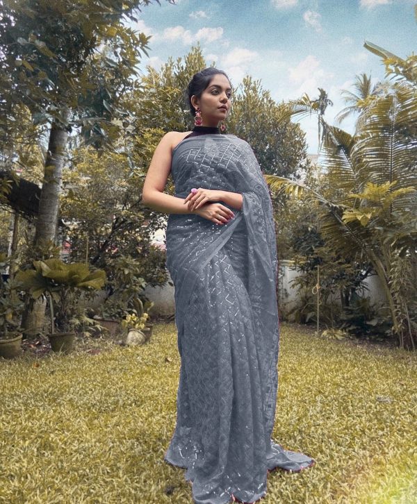 Stylish Cement Color Georgette Fancy Sequence Work Saree