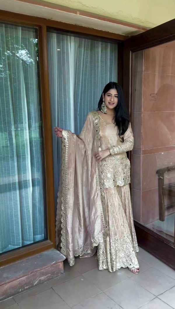 Stylish Golden Color Chinnon Silk Embroidery Work Sharara Suit