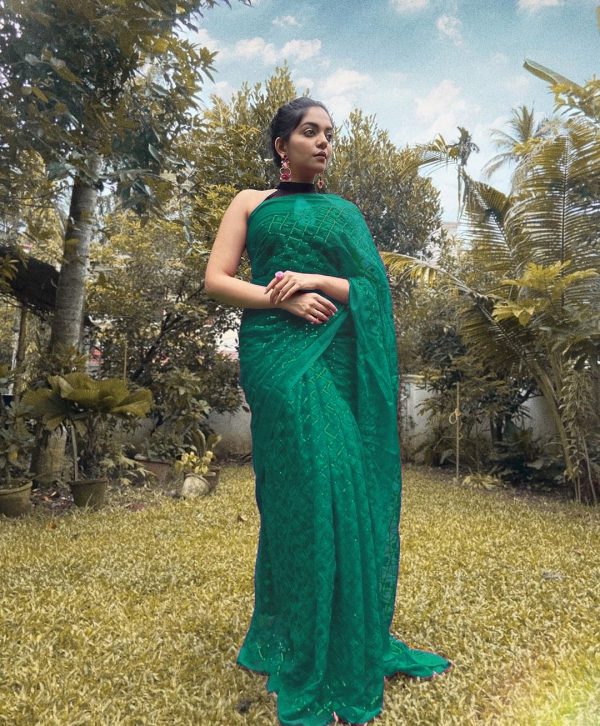 Stylish Green Color Georgette Fancy Sequence Work Saree
