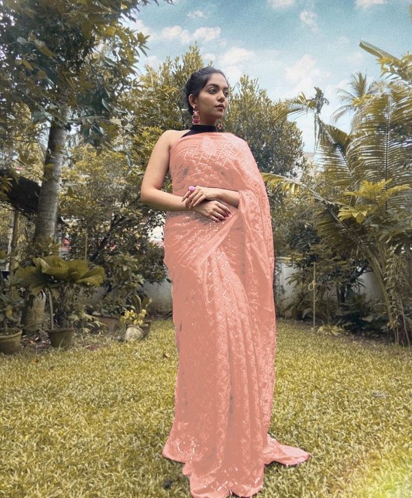 Stylish Light Orange Color Georgette Fancy Sequence Work Saree