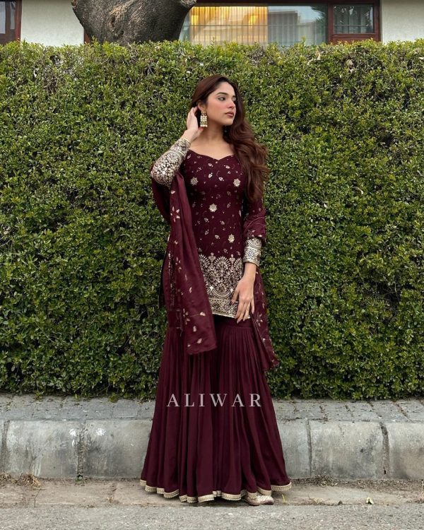 Stylish Maroon Georgette Embroidery Sequence Salwar Suit