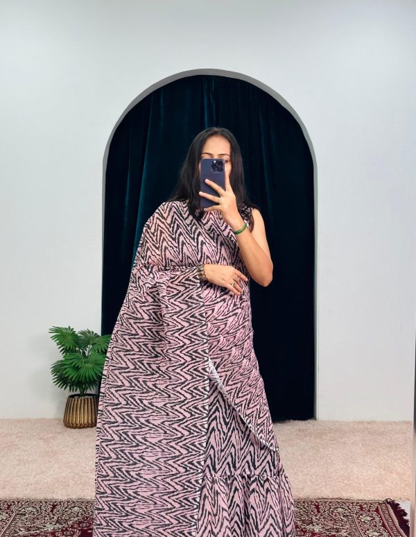 Stylish Peach Color Georgette Digital Printed Ruffle Gown Saree