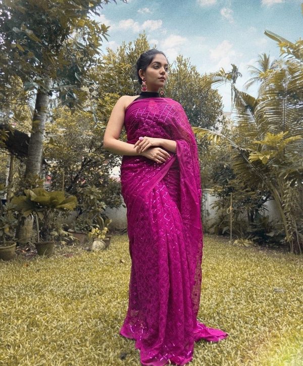 Stylish Pink Color Georgette Fancy Sequence Work Saree
