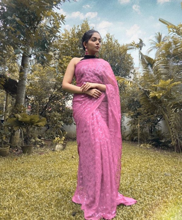 Stylish Purple Color Georgette Fancy Sequence Work Saree