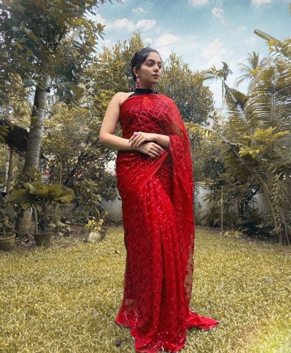 Stylish Red Color Georgette Fancy Sequence Work Saree