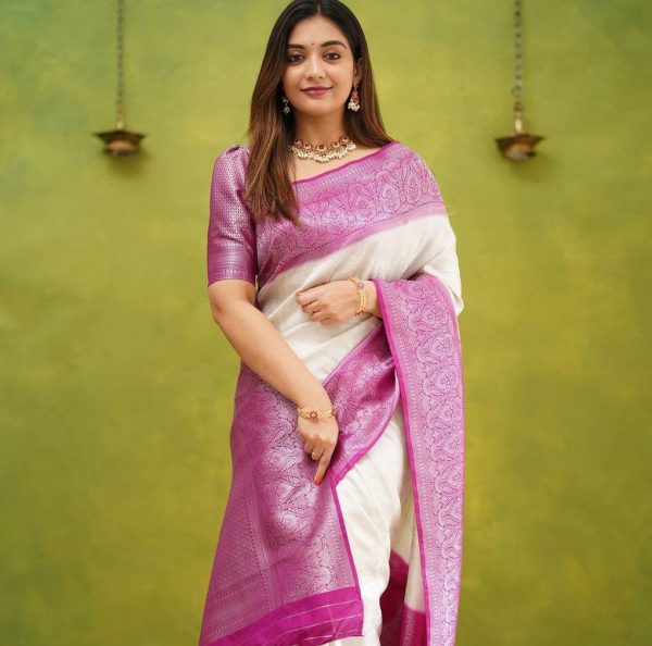 Sublime White Color Soft Lichi Silk Jacquard All Over Saree
