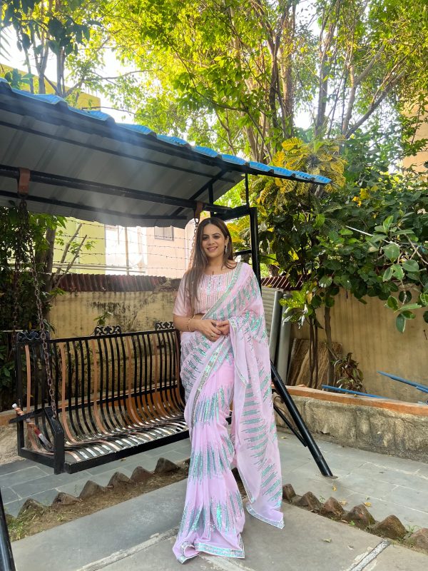 Superb Light Violet Color Georgette Sequence Lace border Saree