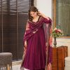Superb Purple Color Chinnon Silk Embroidery Salwar Suit