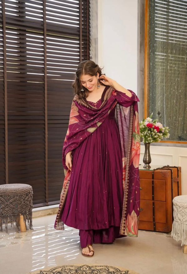 Superb Purple Color Chinnon Silk Embroidery Salwar Suit
