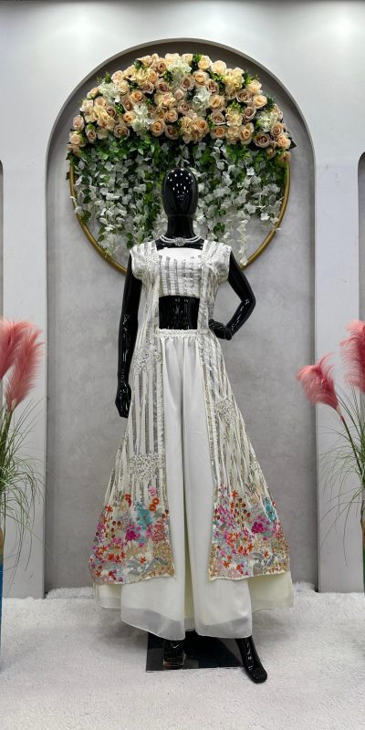 Superb White Color Georgette Thread Sequence Salwar Suit