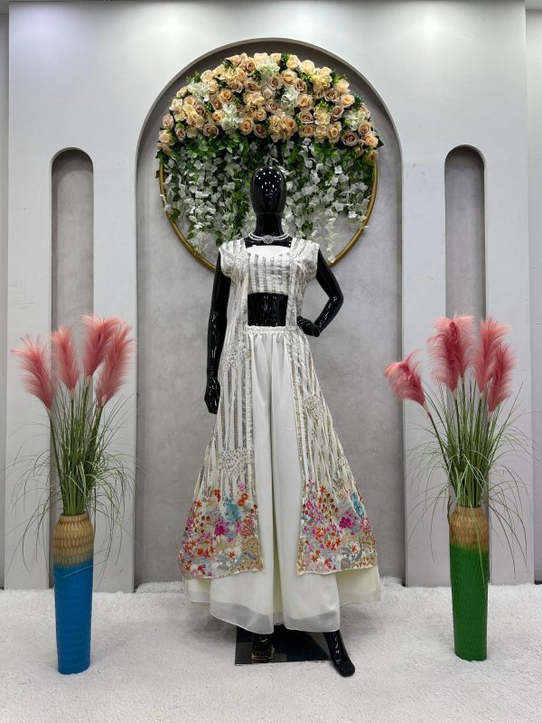Superb White Color Georgette Thread Sequence Salwar Suit
