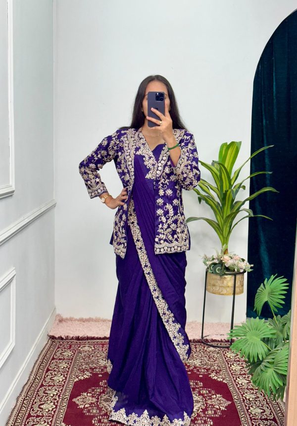 Pretty Royal Blue Color Chinon Embroidery Work Koti And Saree