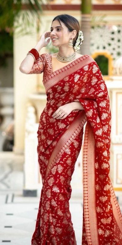 KP 5079 Red Color Soft Lichi Silk Jacquard On All Over Saree Casual, Party Wear, Wedding, Events Etc. Expected Delivery 4-6 Working Days @1449/- | Bollywood Sarees, Creative Sarees, Designer Sarees, Embroidered Sarees, Ethnic Saree, Modern Digital sarees, Party Wear Sarees, Sarees