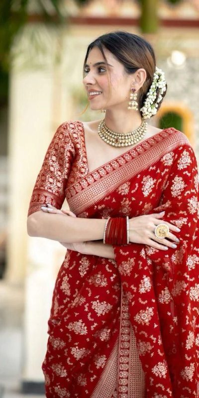 KP 5079 Red Color Soft Lichi Silk Jacquard On All Over Saree Casual, Party Wear, Wedding, Events Etc. Expected Delivery 4-6 Working Days @1449/- | Bollywood Sarees, Creative Sarees, Designer Sarees, Embroidered Sarees, Ethnic Saree, Modern Digital sarees, Party Wear Sarees, Sarees