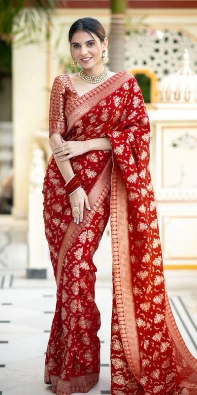 KP 5079 Red Color Soft Lichi Silk Jacquard On All Over Saree Casual, Party Wear, Wedding, Events Etc. Expected Delivery 4-6 Working Days @1449/- | Bollywood Sarees, Creative Sarees, Designer Sarees, Embroidered Sarees, Ethnic Saree, Modern Digital sarees, Party Wear Sarees, Sarees
