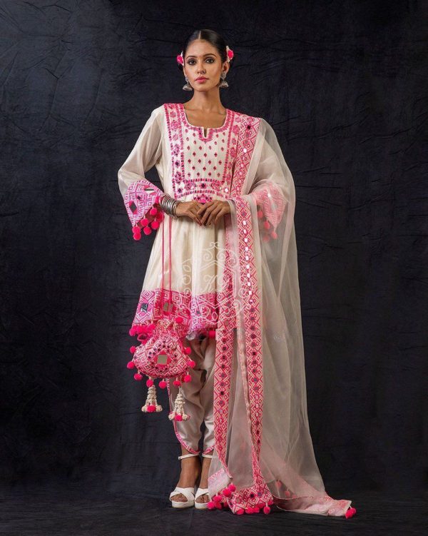 Aglow Cream Rajwadi Silk Embroidery Real Mirror Salwar Suit