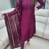 Aglow Purple Chinnon Silk Embroidery Coding Dori Salwar Suit