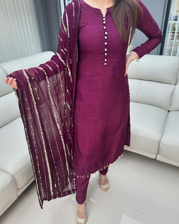 Aglow Purple Chinnon Silk Embroidery Coding Dori Salwar Suit