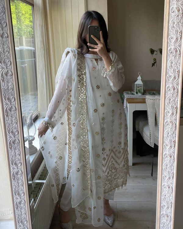 Aglow White Color Georgette Embroidery Sequence Salwar Suit