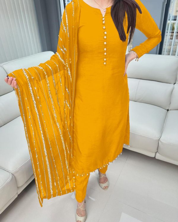 Aglow Yellow Chinnon Silk Embroidery Coding Dori Salwar Suit