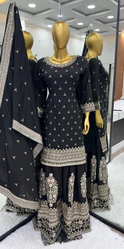 Artful Black Color Chinon Silk Malty Embroidery Sharara Suit