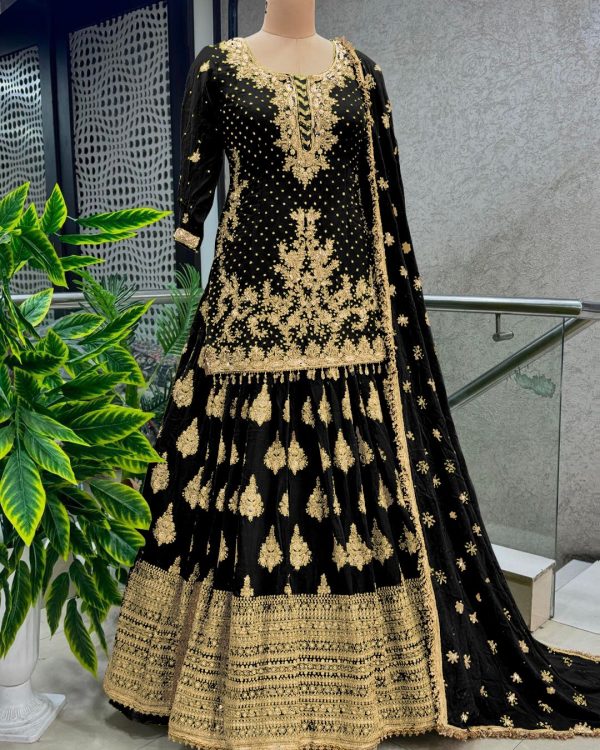 Captivating Black Color Chinnon Silk Embroidery Lehenga Choli