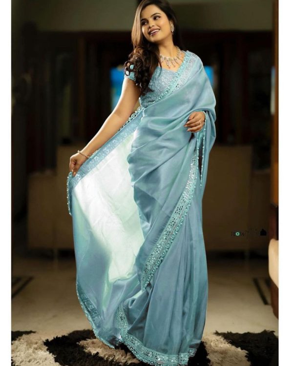 Classic Blue Color Silver Tissue Silk Embroidery Sequence Saree