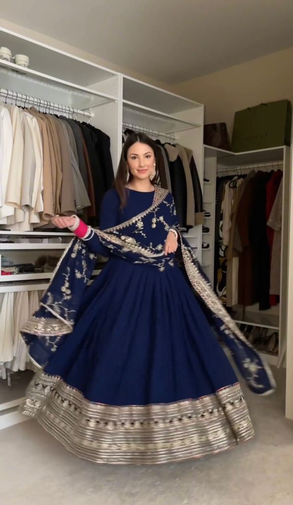 Classic Navy Blue Color Chinon Silk Embroidery Sequence Gown