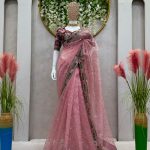 Classic Peach Color Organza Silk Thread Sequence Work Saree