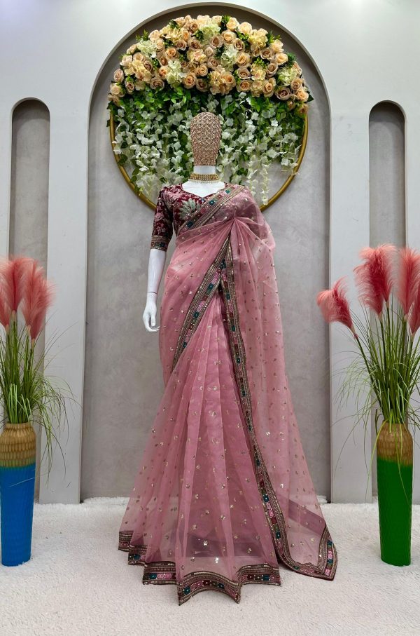 Classic Peach Color Organza Silk Thread Sequence Work Saree