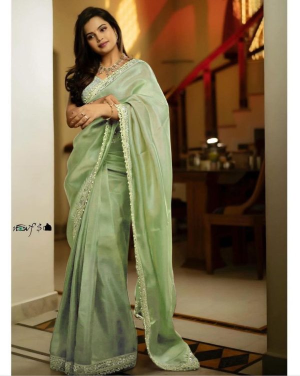 Classic Pista Color Silver Tissue Silk Embroidery Sequence Saree