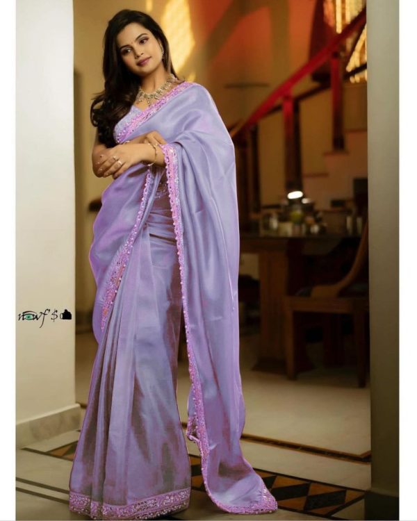 Classic Violet Color Silver Tissue Silk Embroidery Sequence Saree
