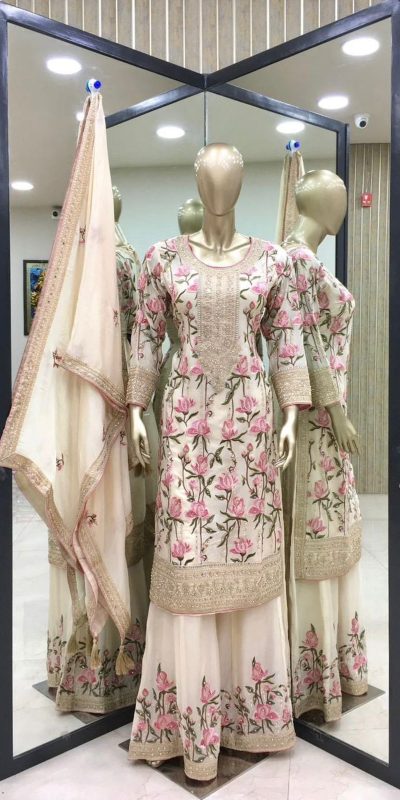 Classic White Color Georgette Embroidery Coding Sharara Suit