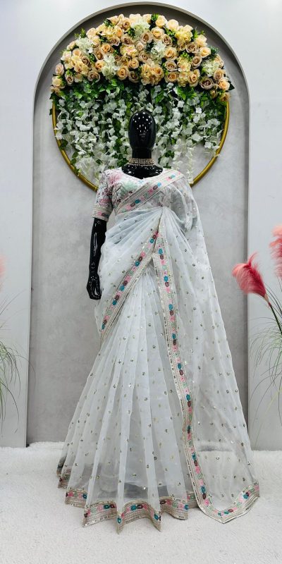 Classic White Color Organza Silk Thread Sequence Work Saree