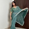 Dazzling Blue Color Pure Soft Organza Embroidery Zari Saree