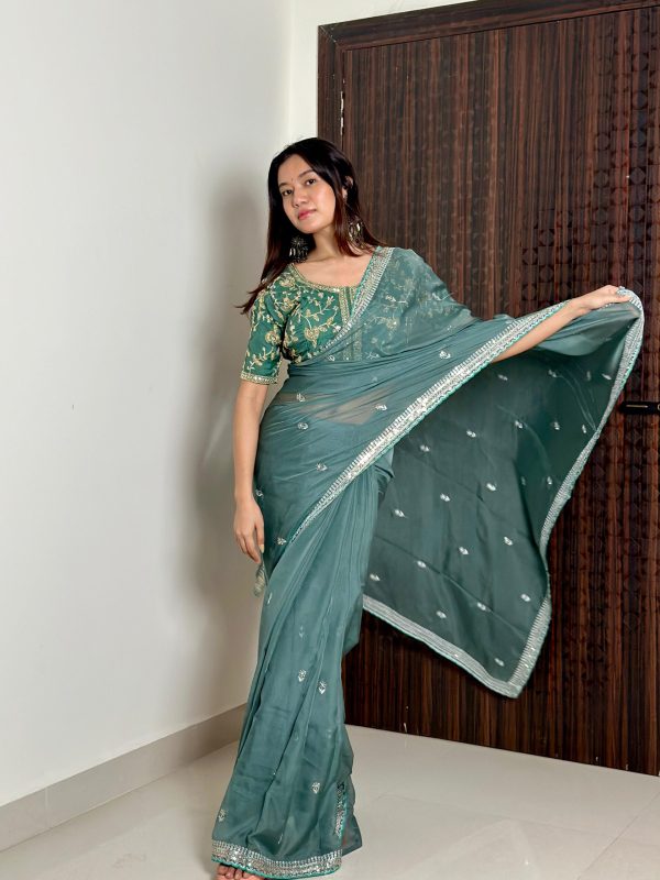 Dazzling Blue Color Pure Soft Organza Embroidery Zari Saree