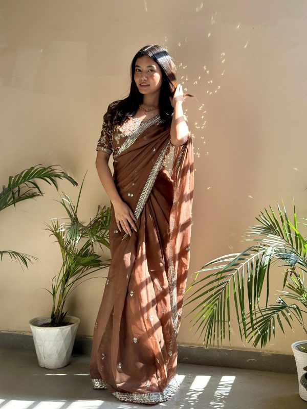 Dazzling Brown Color Pure Soft Organza Embroidery Zari Saree