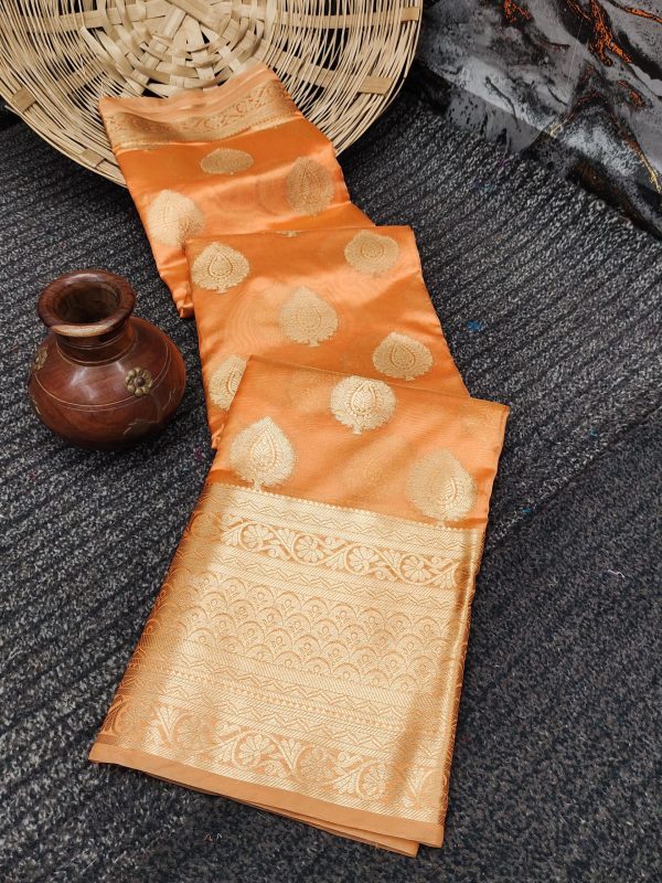 Dazzling Orange Color Organza Silk Beautiful Gold Zari Saree