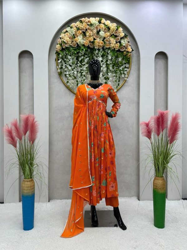 Dazzling Orange Muslin Digital Printed Hand Work Salwar Suit