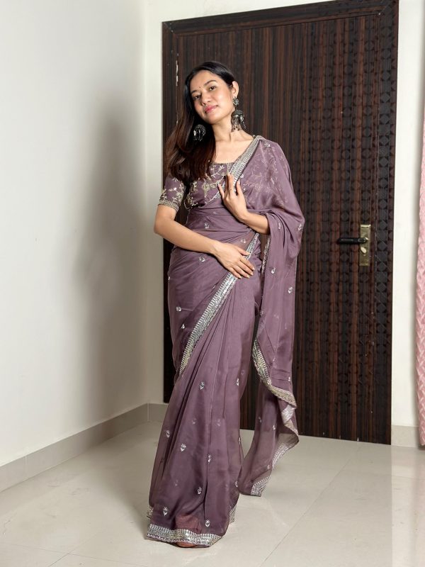 Dazzling Purple Color Pure Soft Organza Embroidery Zari Saree
