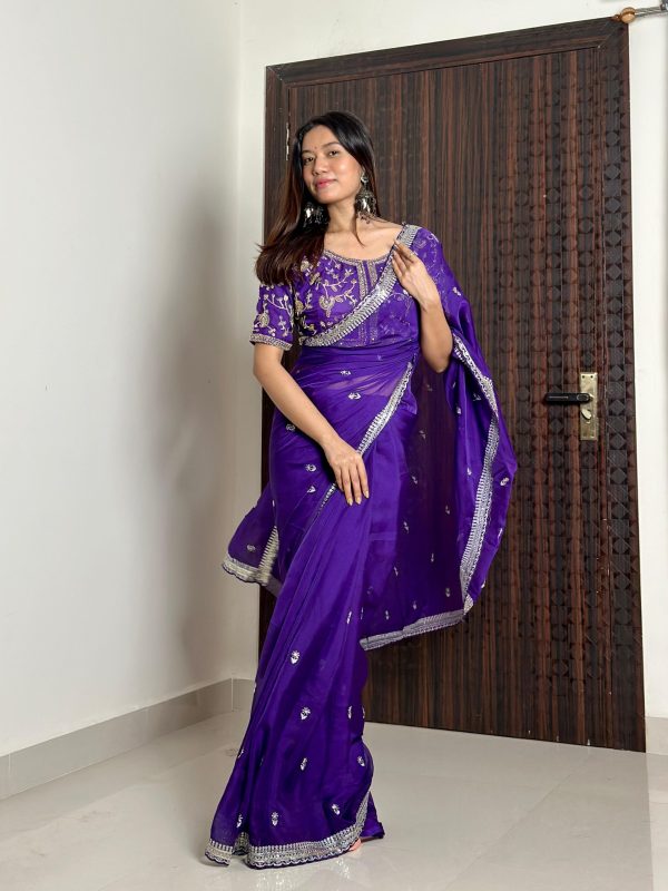 Dazzling Violet Color Pure Soft Organza Embroidery Zari Saree