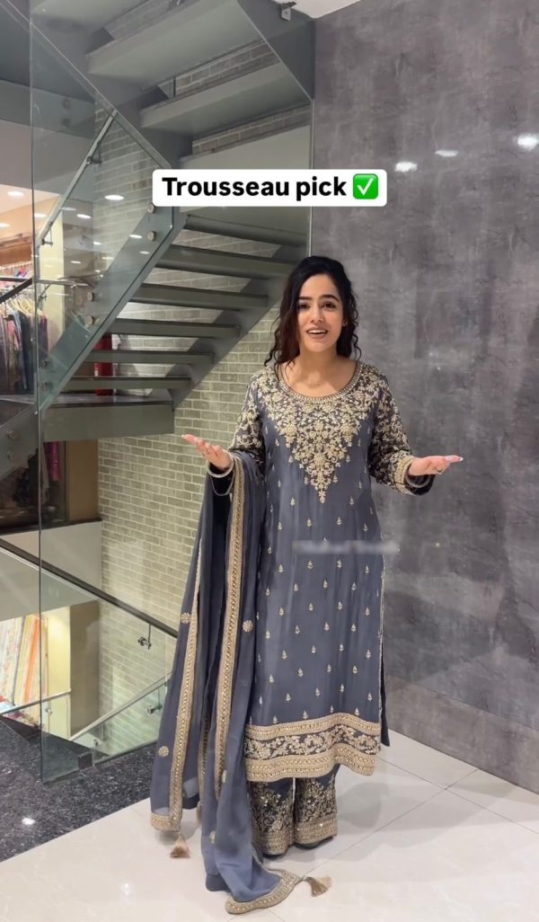 Elegant Cement Chinnon Silk Embroidery Sequence Salwar Suit